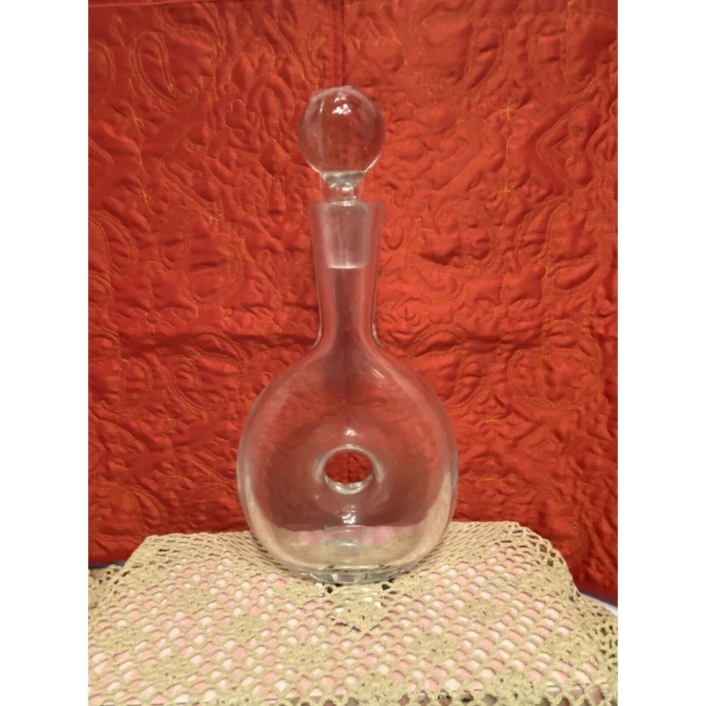 Crystal Glass Donut Decanter 13 3/4" X H X 6" Heavy With Matching Stopper.